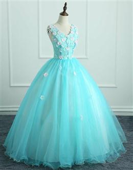 Picture of Adorable Light Blue Tulle with Flowers Floor Length Ball Gown Formal Dresses, Blue Sweet 16 Dress